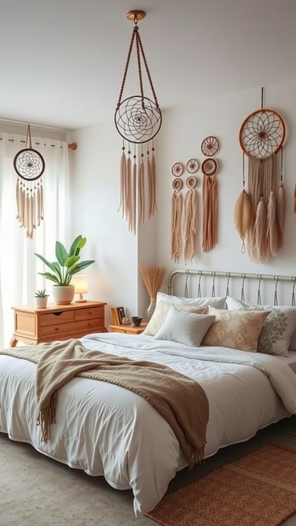 A romantic boho bedroom featuring hanging dreamcatchers and soft, earthy decor.