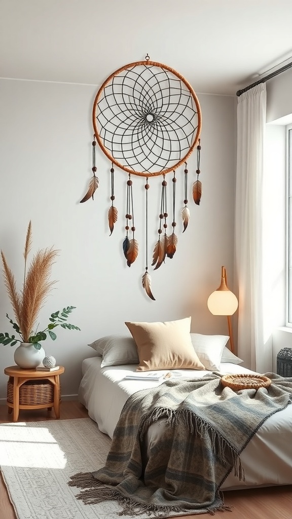 A cozy bedroom featuring a large dreamcatcher on the wall, with a bed, decorative pillows, and plants.