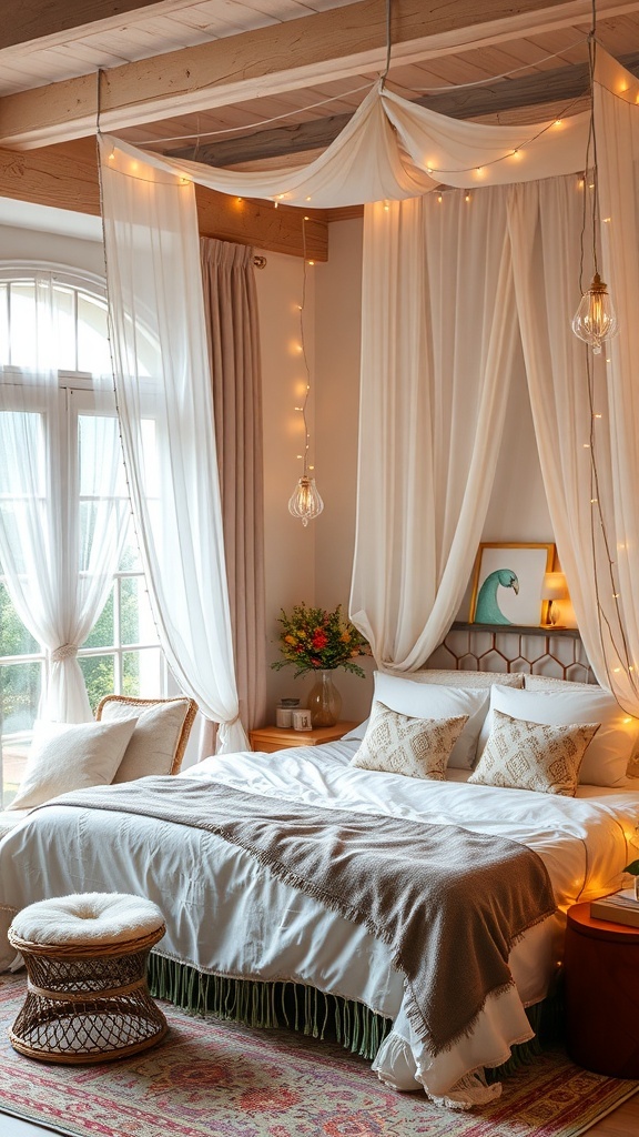 A cozy boho bedroom featuring a dreamy canopy bed with soft drapes and fairy lights.