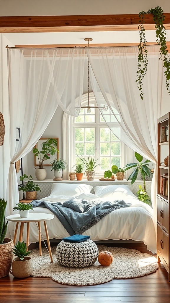 A cozy boho teen bedroom featuring a canopy bed with flowing curtains, surrounded by plants and warm wooden accents.