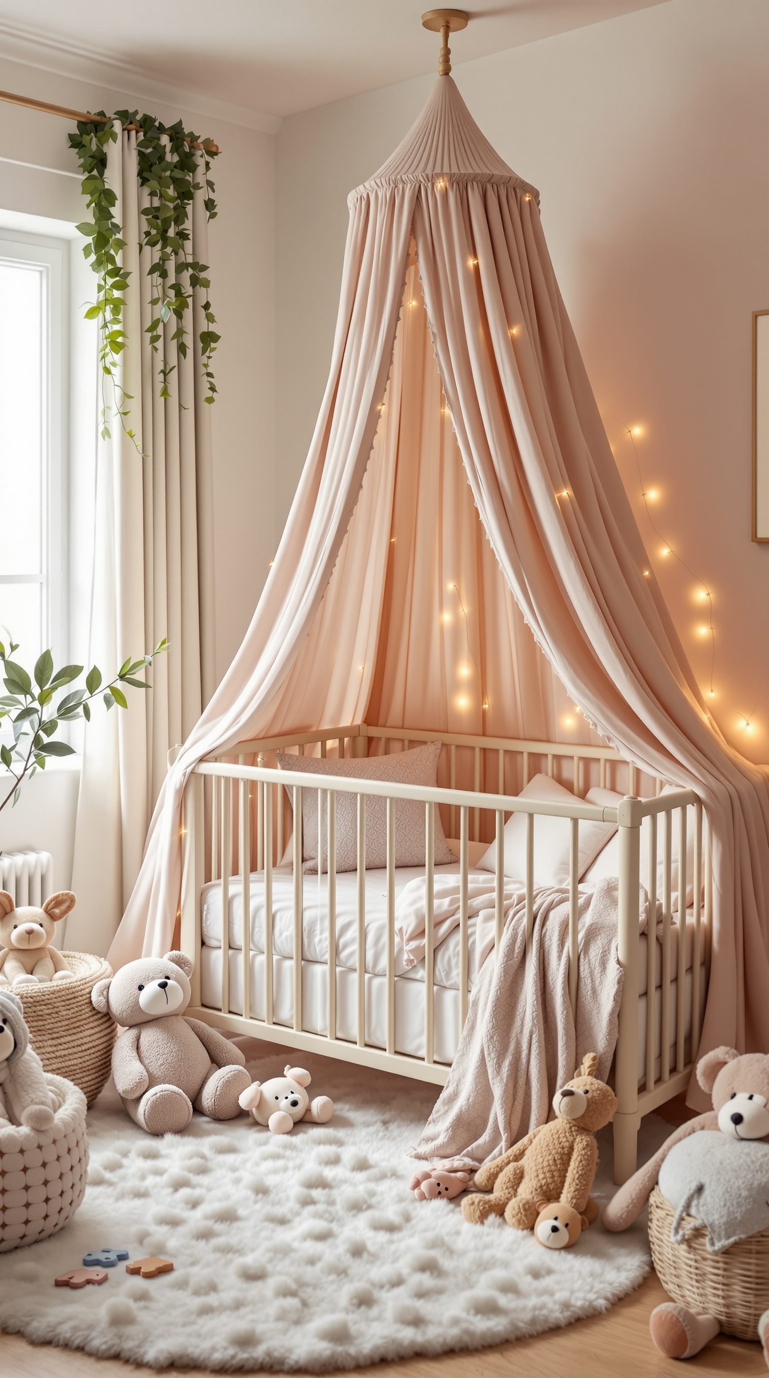 A cozy nursery featuring a canopy bed with soft pink fabric, twinkling lights, plush toys, and a fluffy rug.