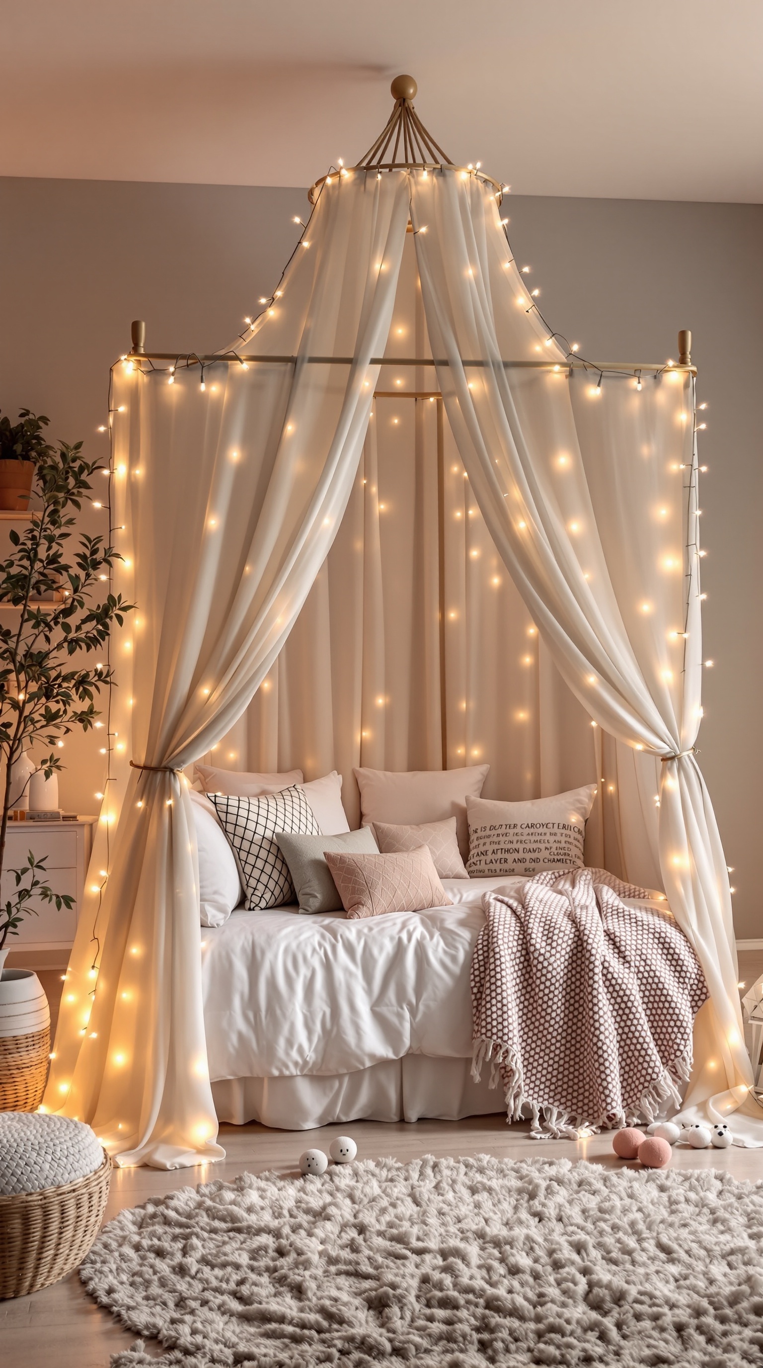 A cozy canopy bed with fairy lights, soft pillows, and a textured rug in a boho kids room.