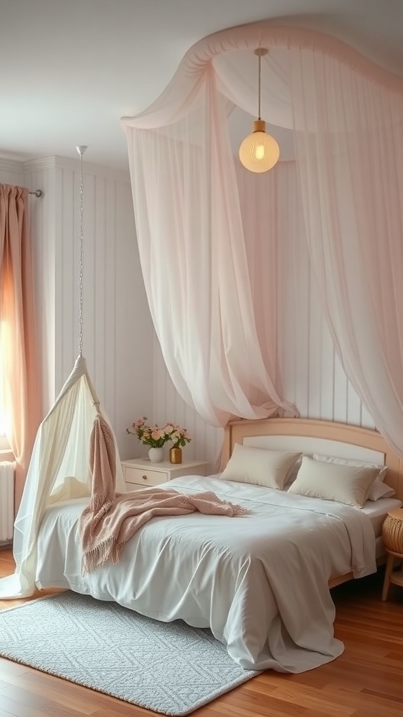 A cozy teen bedroom with a canopy bed draped in soft fabric, featuring neutral colors and warm lighting.