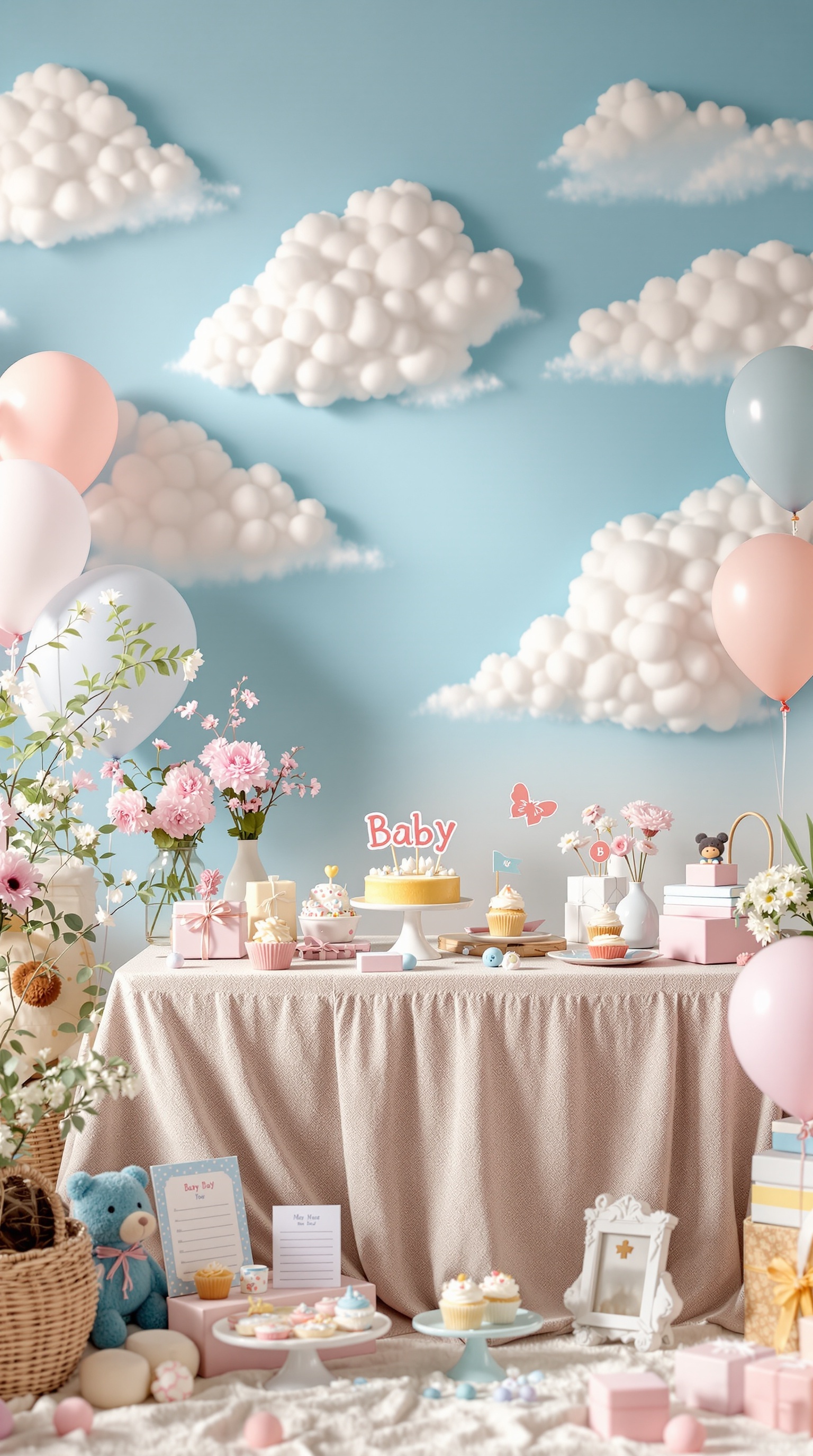A dreamy cloud and sky themed gender reveal backdrop with balloons, flowers, and a dessert table.