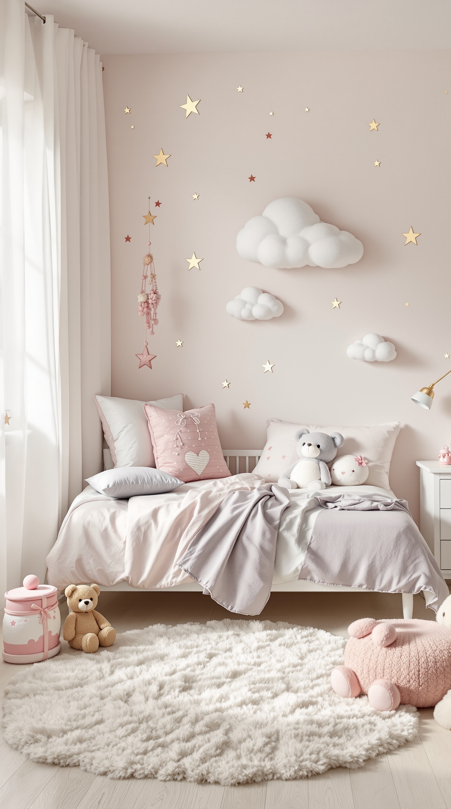 A toddler bedroom featuring cloud and star accents with soft bedding and plush toys.