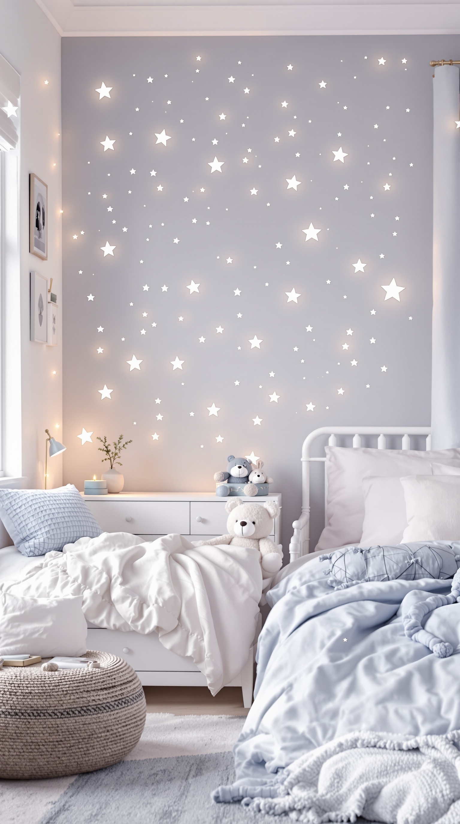 A cozy toddler girl's bedroom with a dreamy night sky theme featuring star decorations on the wall, a comfortable bed, and soft lighting.