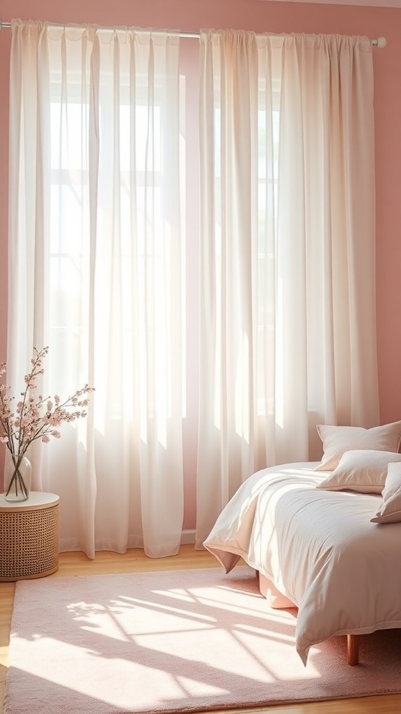 A romantic pink bedroom featuring sheer curtains, a cozy bed, and a soft rug.