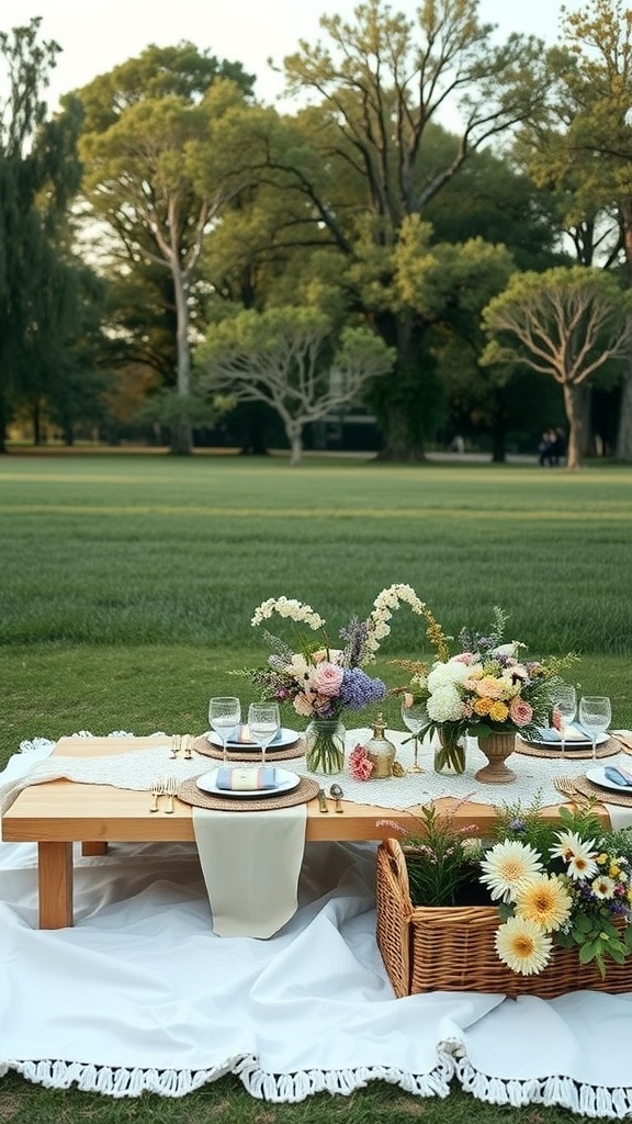 Dreamy picnic setup with a wooden table, floral arrangements, and a grassy background