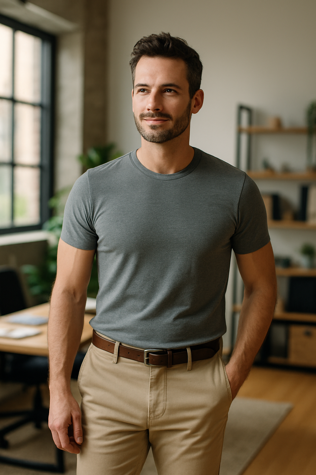 A man wearing a gray t-shirt and beige chinos, standing confidently in a modern office setting.