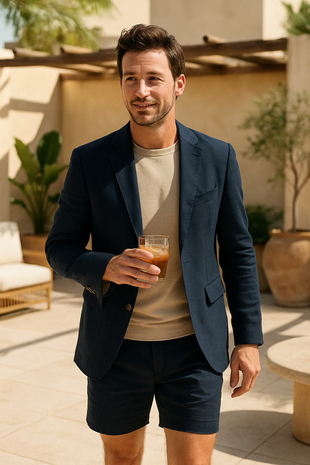 A man wearing a navy blue blazer with tailored shorts, holding a drink.