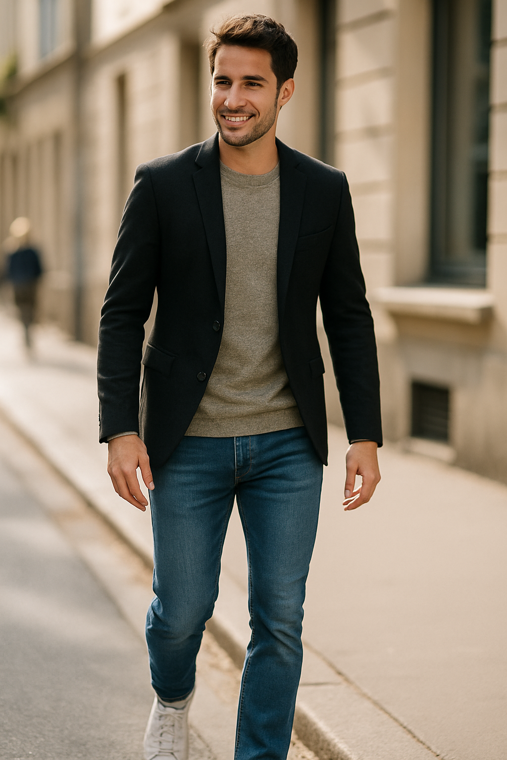 A fashionable man walking on the street wearing a black blazer, grey sweater, blue jeans, and white sneakers.