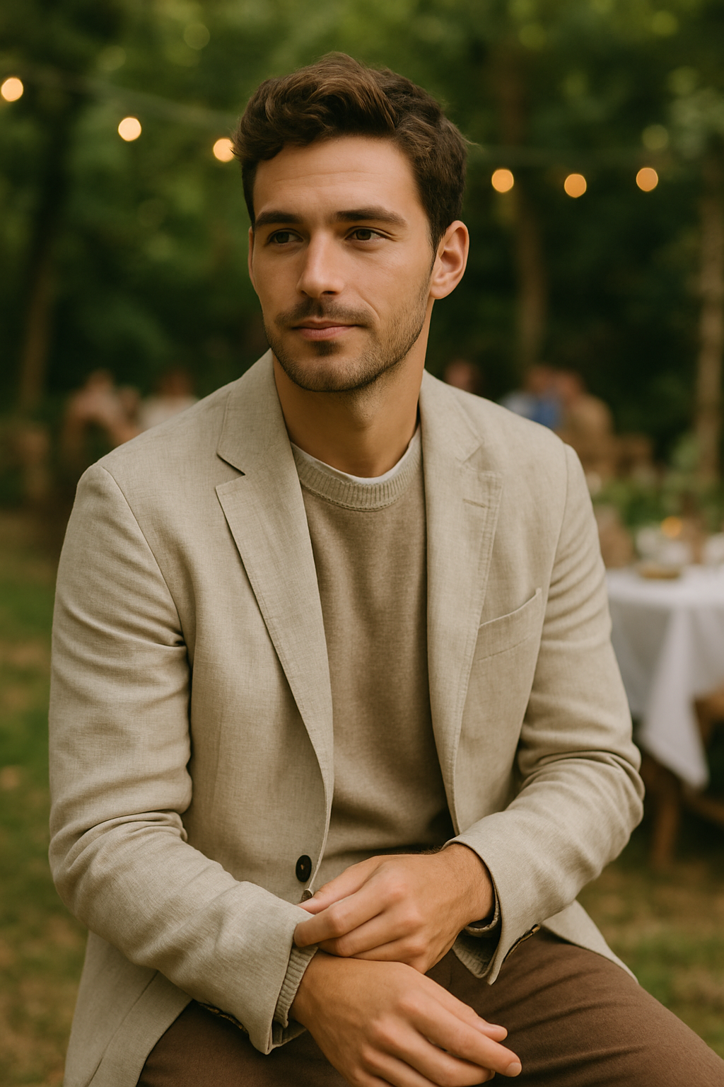 A man in a light blazer and sweater, sitting outdoors with a relaxed expression.