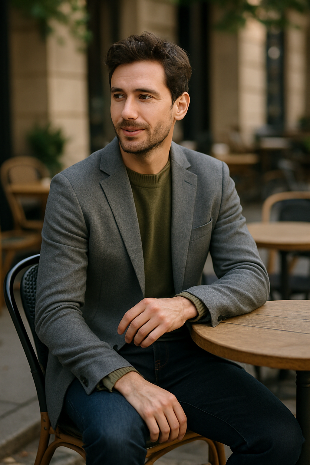 A man wearing a gray blazer over a green sweater, sitting at a cafe table with jeans.