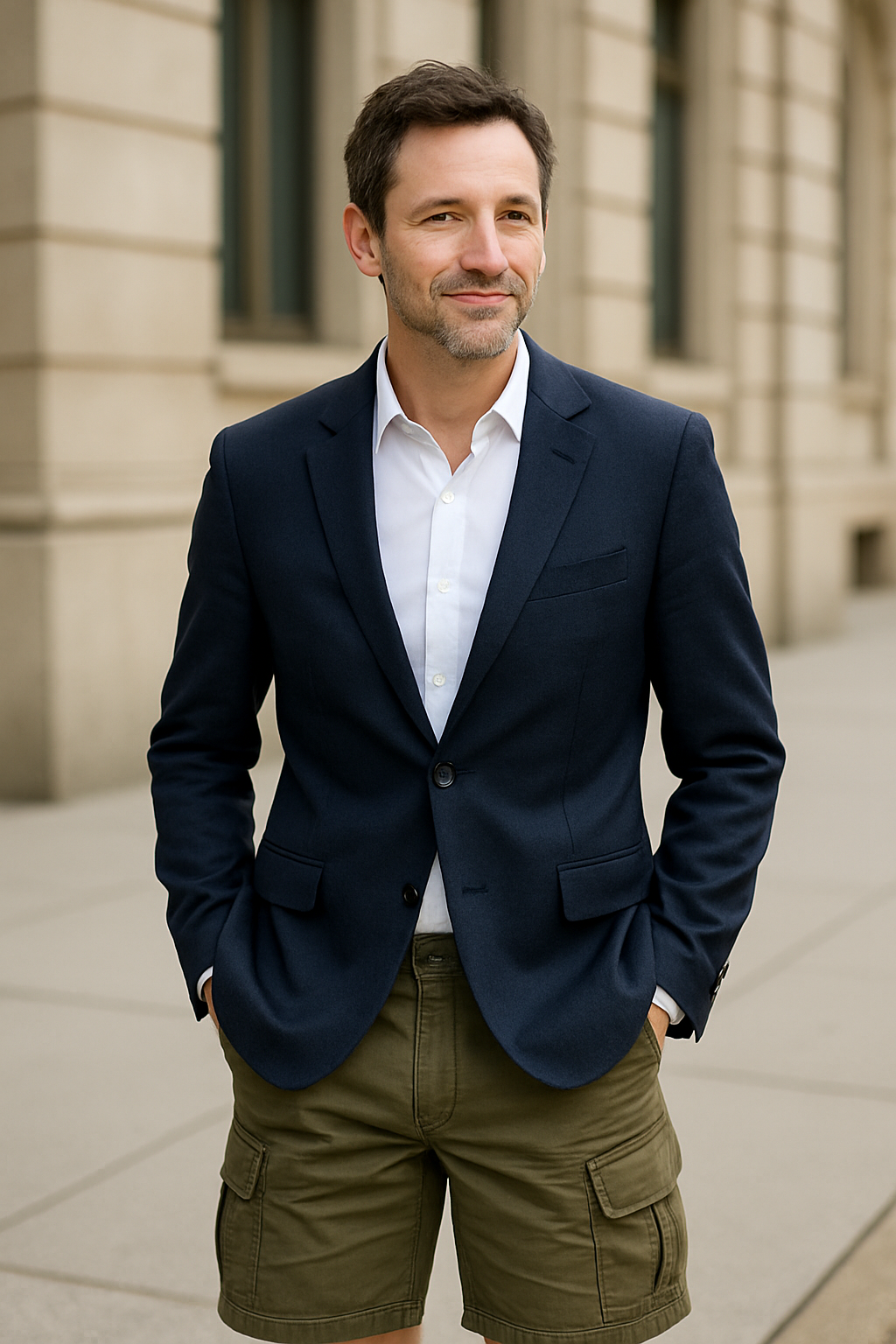 A man dressed in a stylish outfit, walking confidently on a city street.