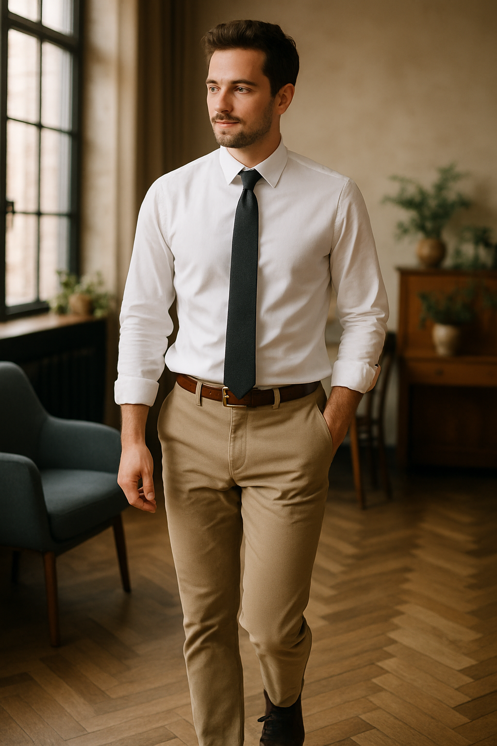 A man dressed in a white shirt, black tie, and beige chinos, walking confidently in a stylish indoor setting.