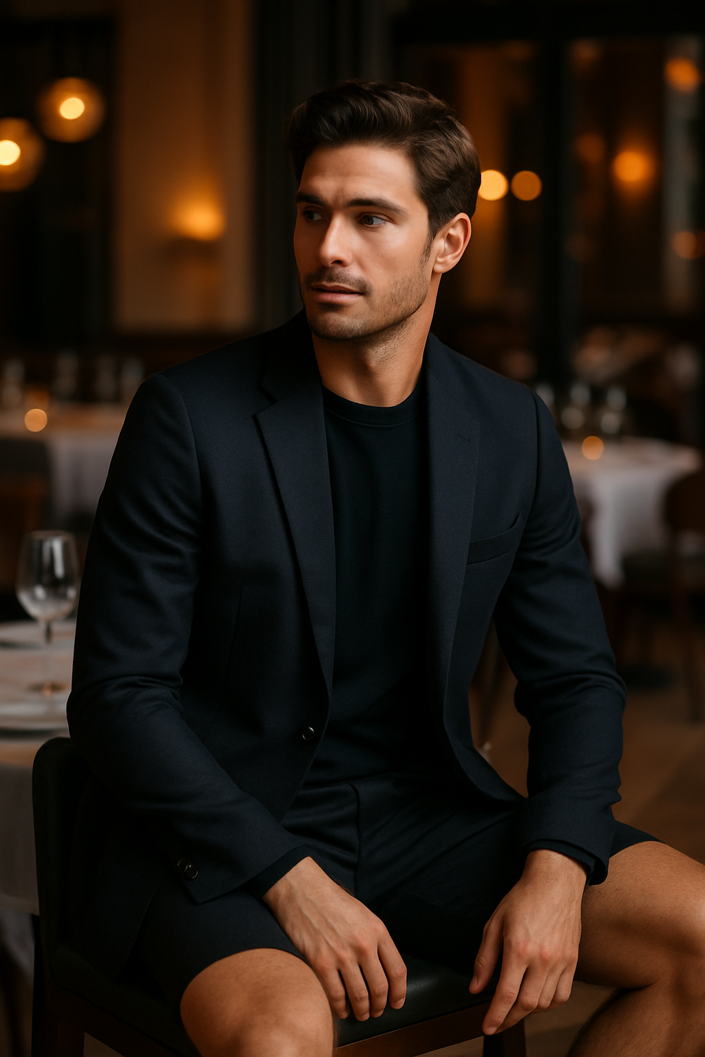 A man in a black blazer and shorts, seated in a restaurant setting.