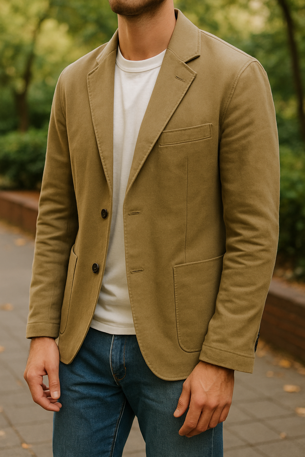 Two men wearing khaki blazers; one dressed formally and the other casually.