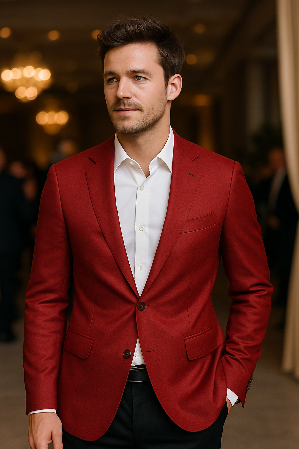 A man wearing a red blazer and white shirt, looking stylish at a formal event.