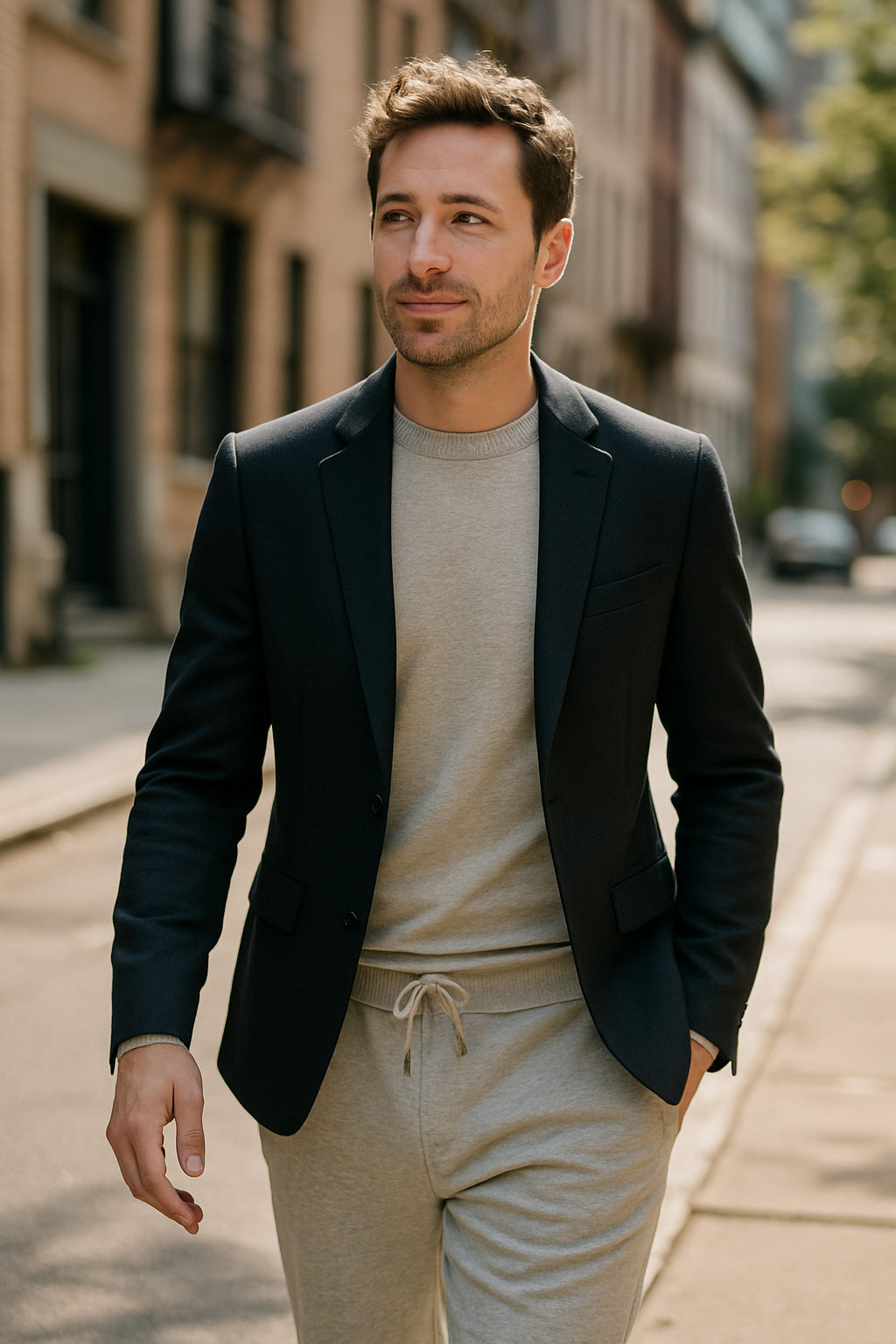 A man wearing a black blazer and gray sweatpants walking on a city street.