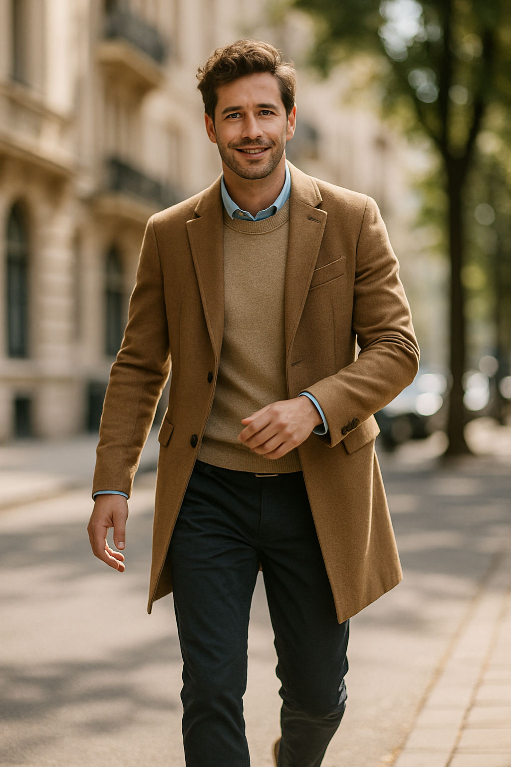 A man in a stylish business casual outfit walking on the street, showcasing a smart look.