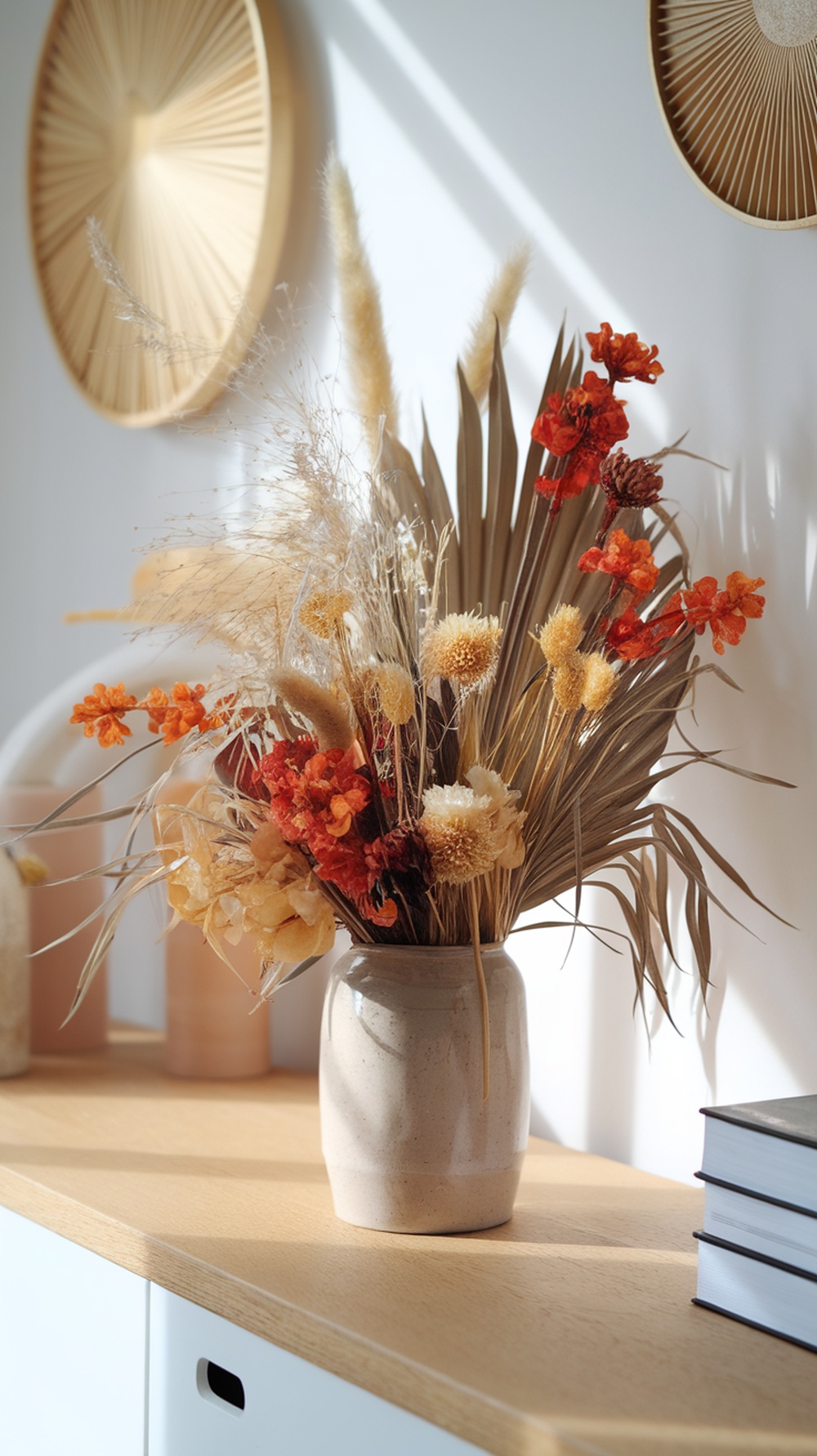 A dried floral arrangement featuring warm orange and earthy tones in a simple vase, placed on a wooden surface.