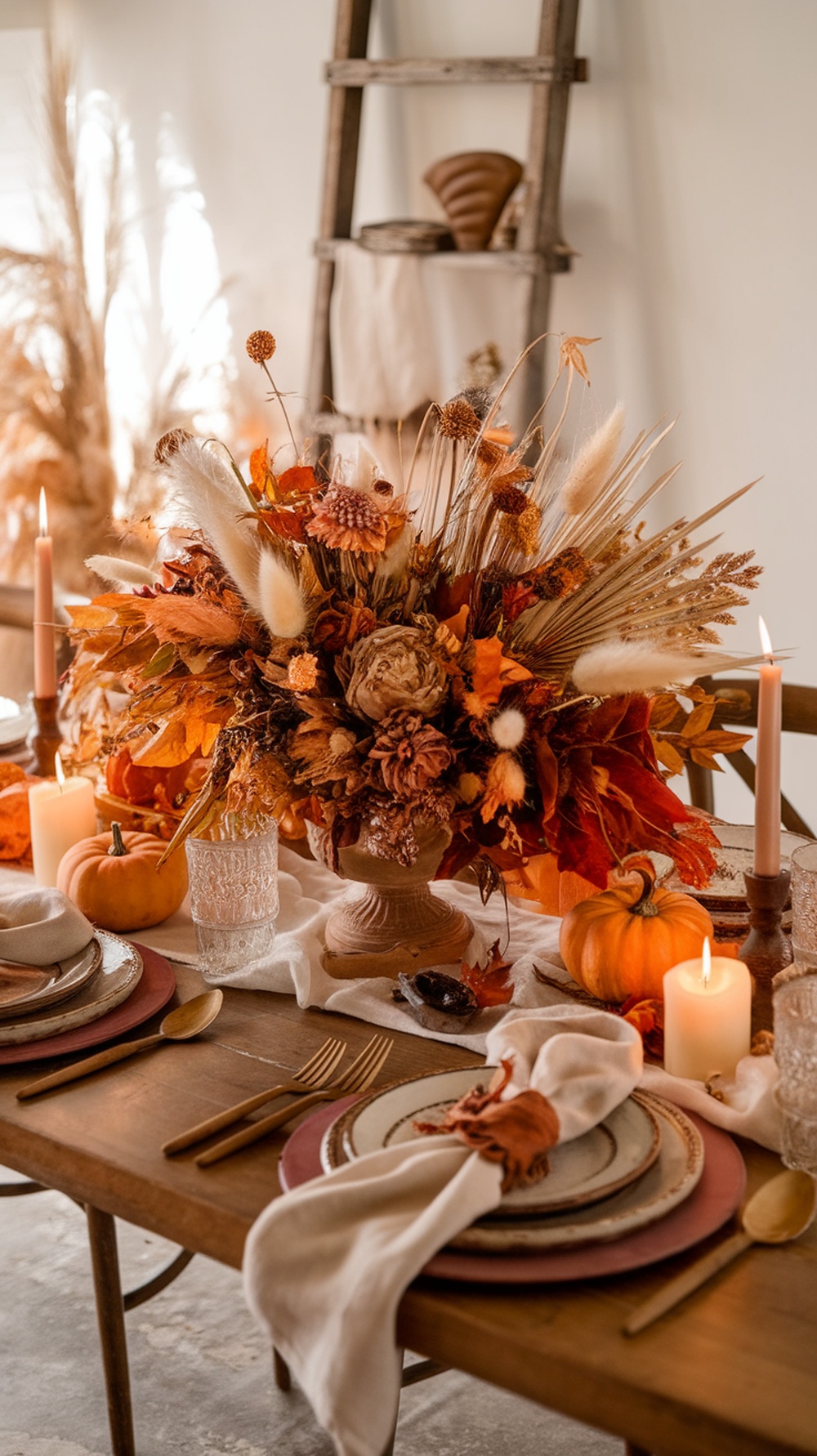 A boho Thanksgiving table featuring a dried floral arrangement with warm autumn colors, pumpkins, and candles.