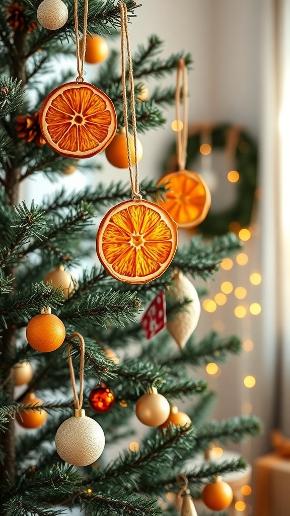 A close-up of dried orange slice ornaments hanging on a Christmas tree, surrounded by golden and orange baubles.