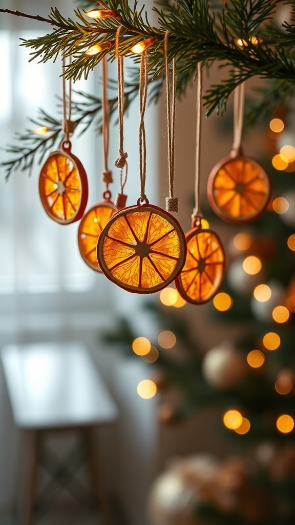 Dried orange slice ornaments hanging on a Christmas tree branch