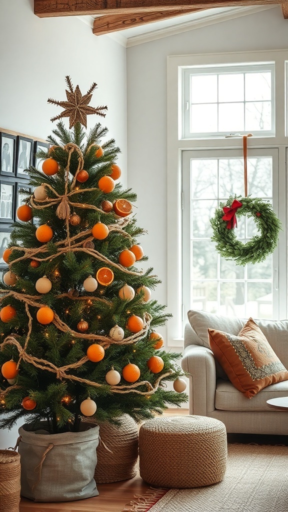 A beautifully decorated Christmas tree with dried orange slice ornaments, twine, and a rustic star on top.