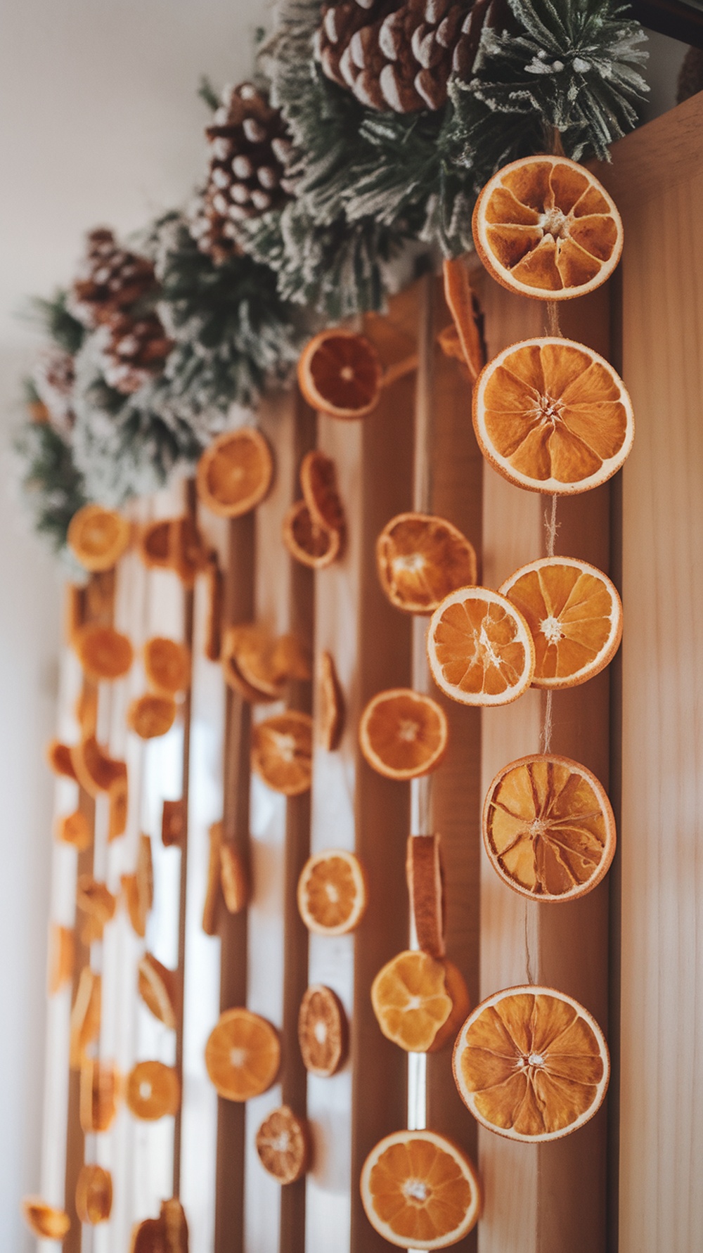 A decorative display of dried orange slices hanging with pinecones and greenery.