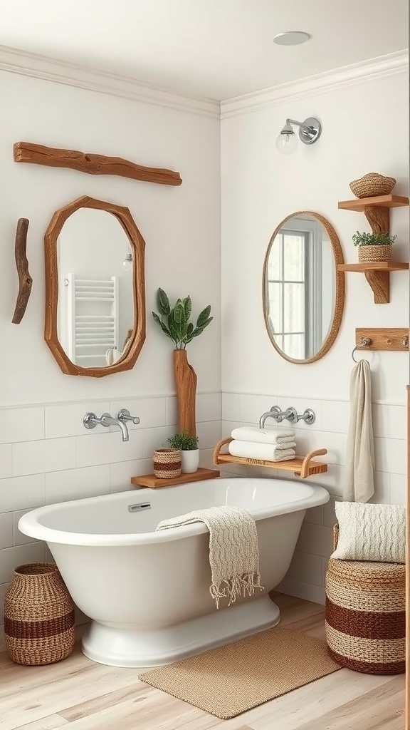 A coastal bathroom featuring driftwood decor elements, including mirrors and wall accents, with a white bathtub and woven baskets.
