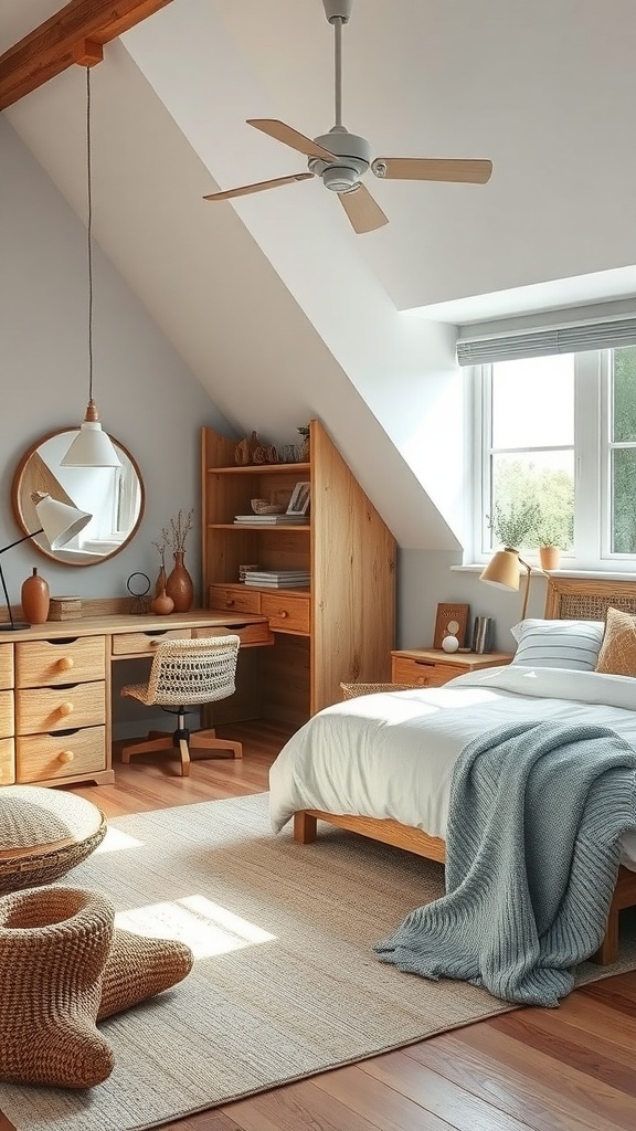 A cozy coastal teen bedroom featuring driftwood furniture, a wooden bed, and a stylish desk.