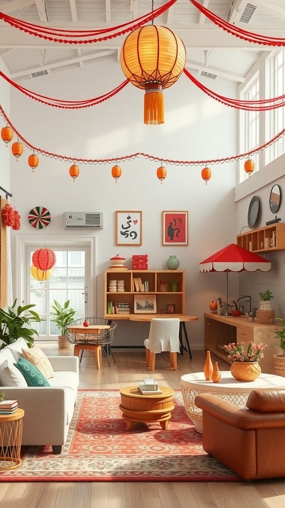 A cozy room decorated for a cultural celebration with lanterns and traditional decor.