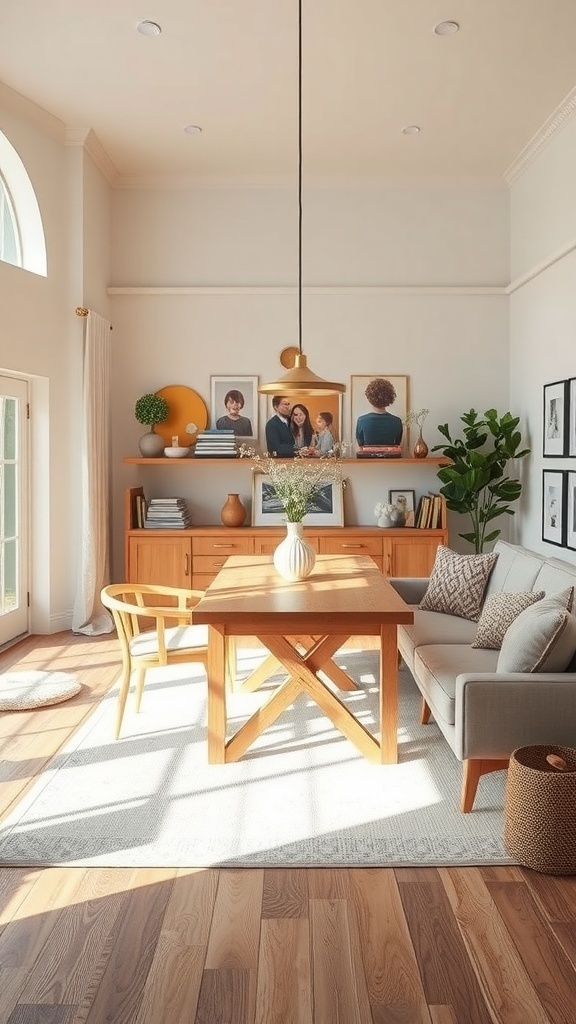 A cozy family gathering space with a wooden table, comfortable sofa, and family photos on the wall.
