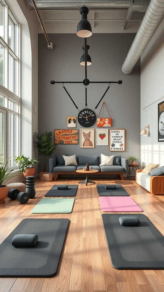 A fitness class drop zone with yoga mats, cozy seating, and natural light.