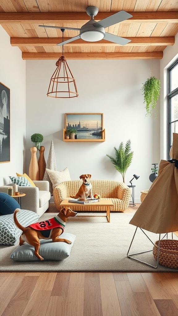 A cozy living room with two dogs, featuring warm wooden elements and pet-friendly decor.