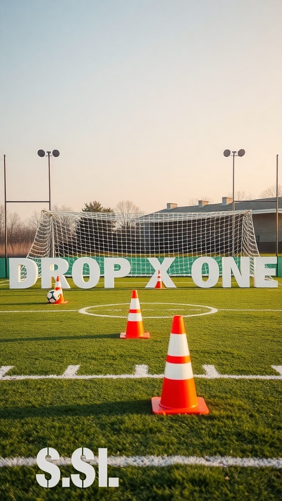 Soccer field with large letters 'DROP X ONE', traffic cones, and a goal.