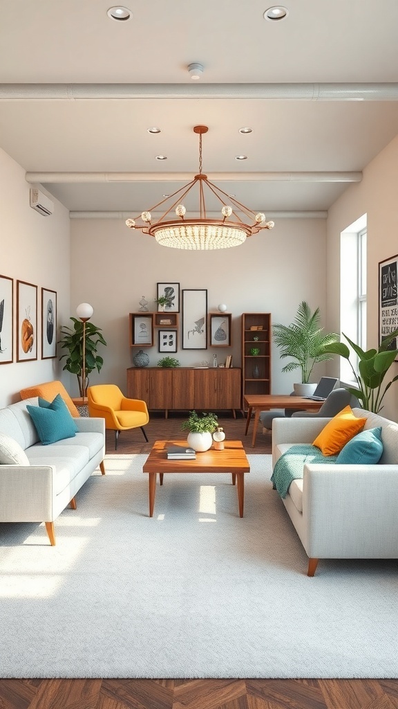 A cozy and inviting drop zone for team building activities with stylish furniture and natural light.