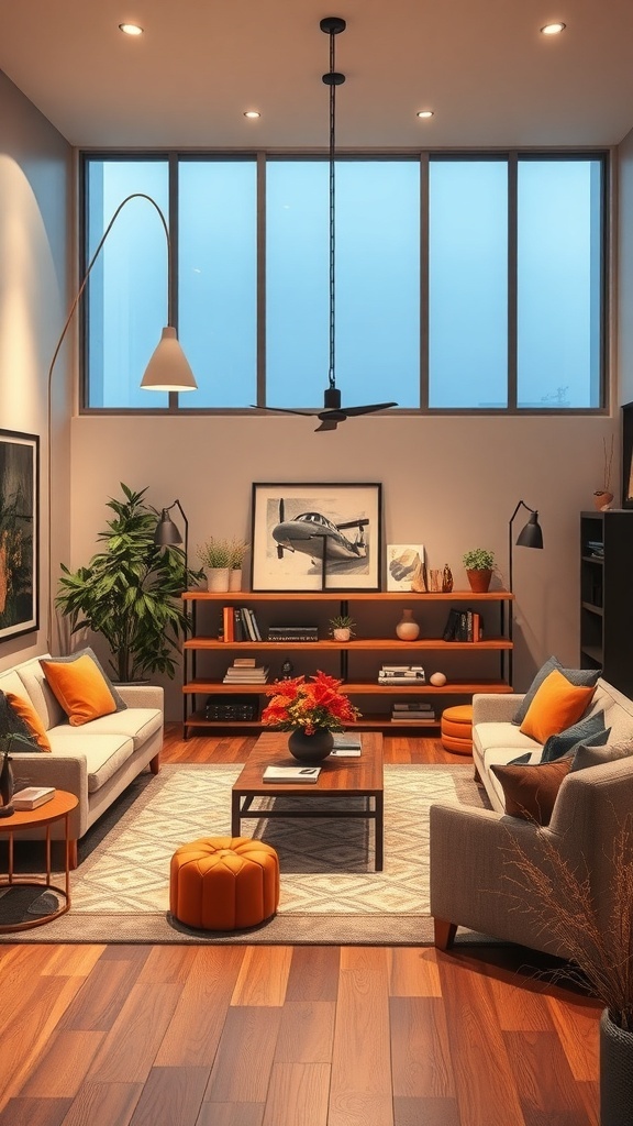 A cozy living room with modern furniture, warm colors, and good lighting.