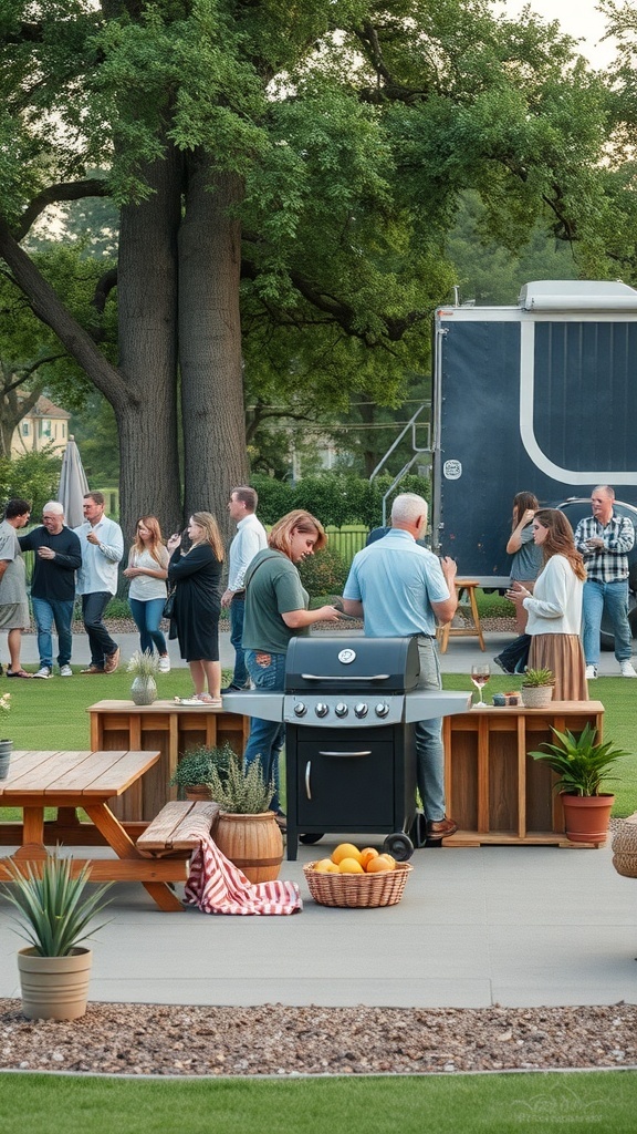 A community gathering in an outdoor setting with people socializing around a grill and seating area.