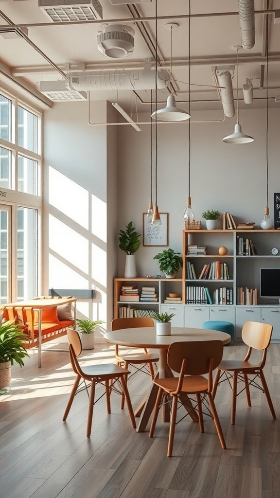 A bright and inviting workshop space with a round table and wooden chairs, surrounded by plants and bookshelves.
