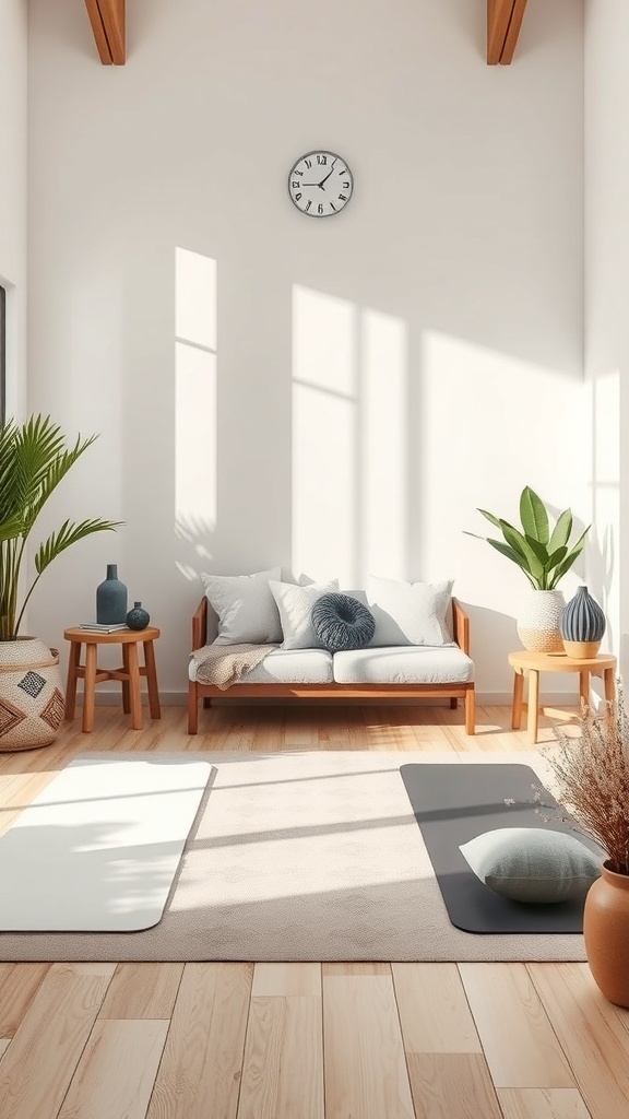 A bright and serene room with a couch, plants, and yoga mats, perfect for relaxation and mindfulness.