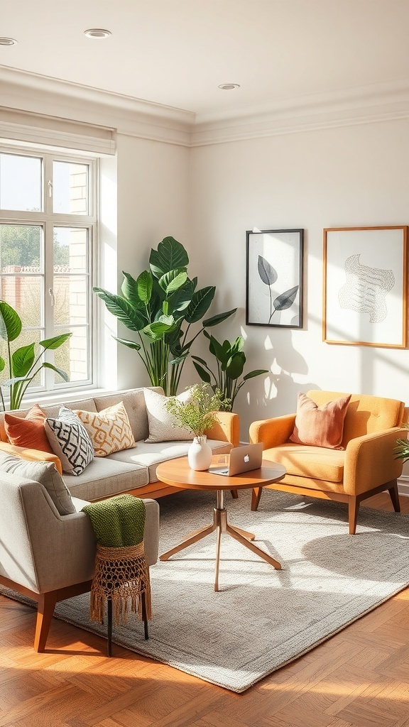 Cozy living room with plants, comfortable seating, and a laptop on a coffee table