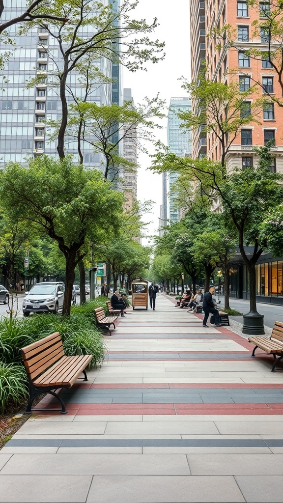 A city street with benches and trees, providing a relaxing drop zone in an urban setting.