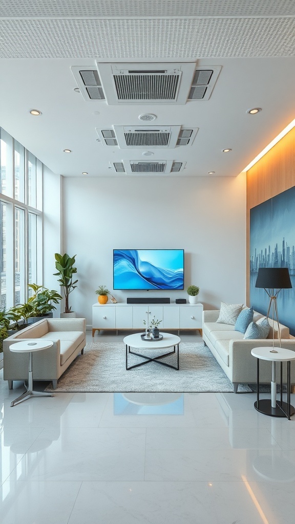 Modern living room with technology integration, featuring a smart TV, stylish furniture, and plants.