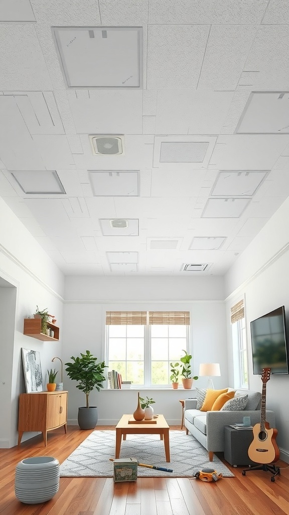 Image of a living room showing a ceiling being prepared for drywall installation.