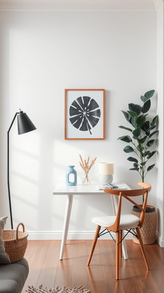 A small desk setup featuring a white desk, a stylish chair, a lamp, decorative items, and a plant.