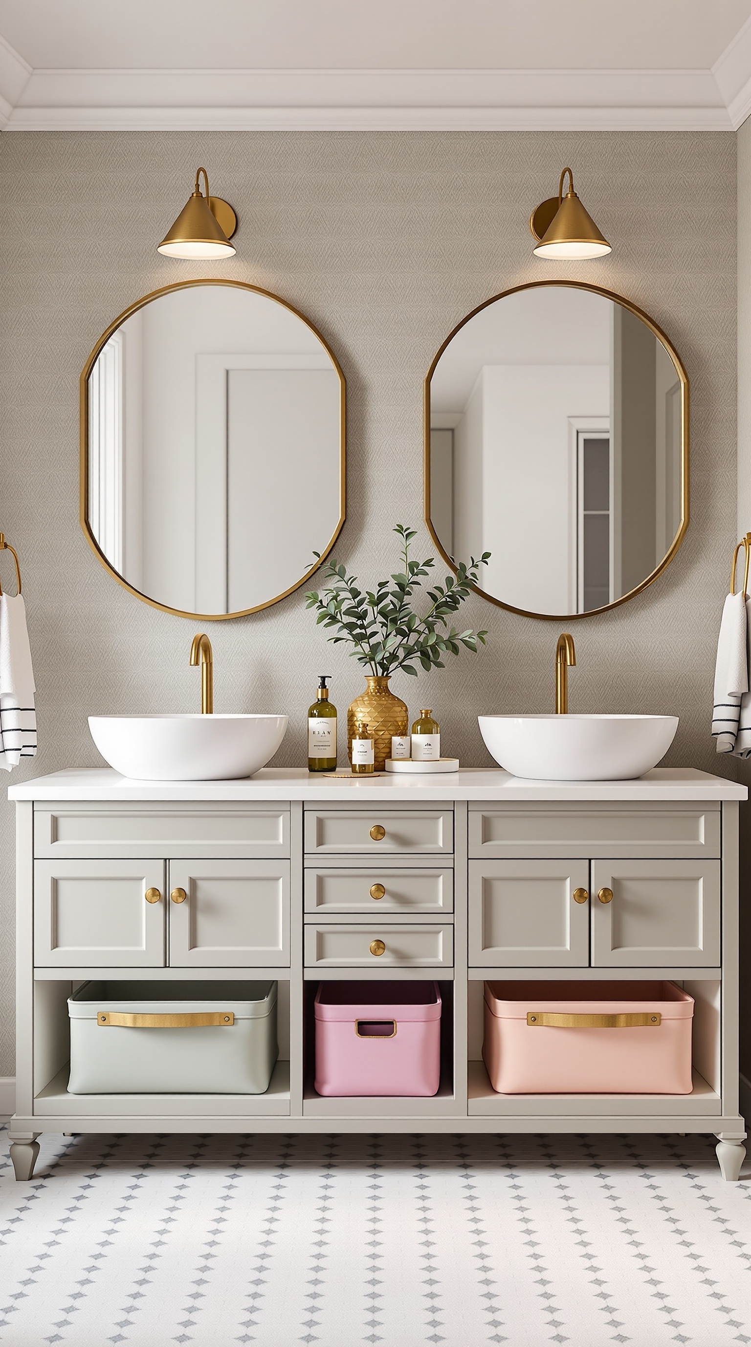 A stylish dual-sink vanity in a kids' bathroom featuring round sinks, gold accents, and organized storage.
