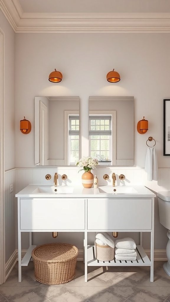 A stylish bathroom with dual sinks, large mirrors, and modern lighting fixtures.