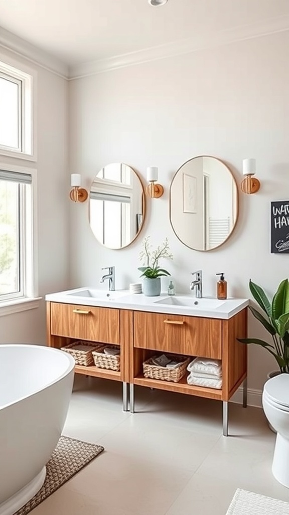 Stylish dual sink bathroom featuring a wood cabinet, circular mirrors, and elegant storage baskets.